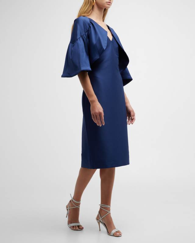 3/4-Sleeve Ruffle Mikado Midi Dress